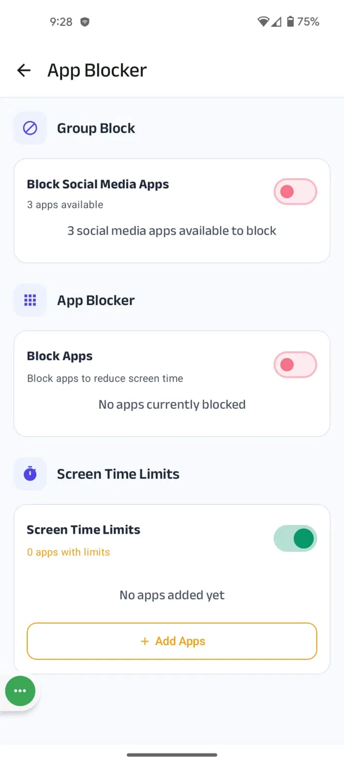 Kahf Guard App Blocker screen with Screen Time Limit section