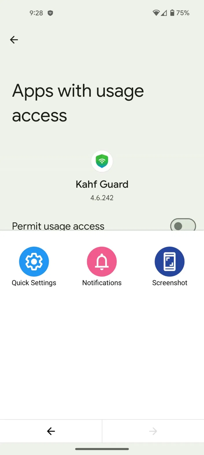 Android system settings with Kahf Guard Permit usage access toggle