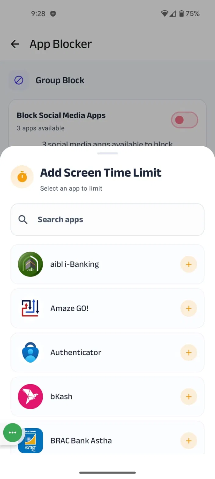Kahf Guard Add App screen with list of installed apps