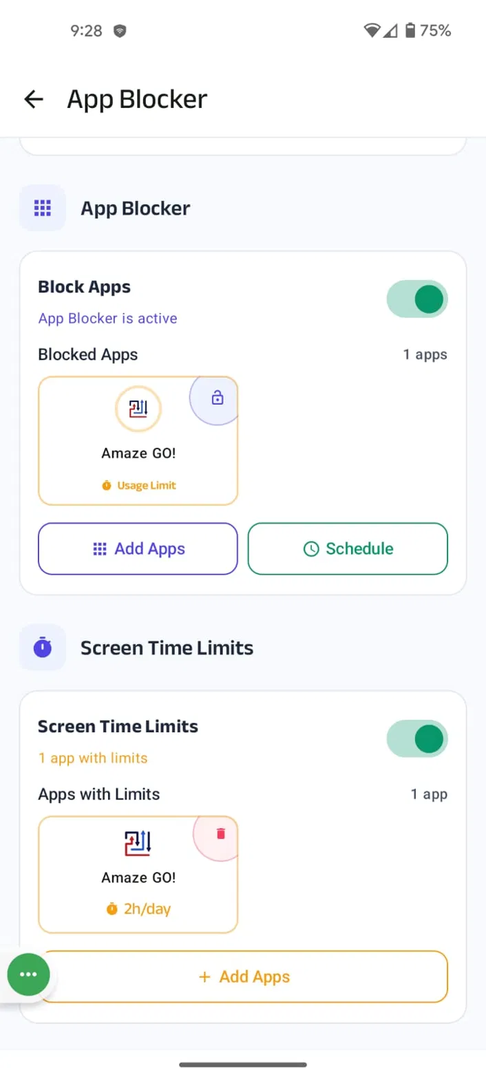Kahf Guard Screen Time Limit list showing apps with their daily limits