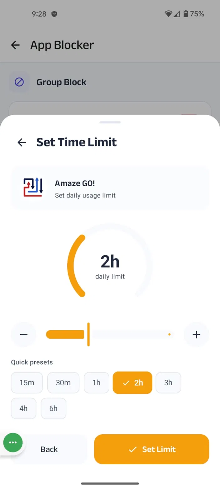 Kahf Guard daily time limit dial with 45-minute preset