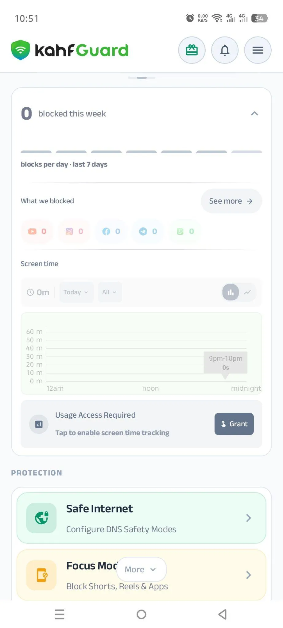 Kahf Guard Android dashboard with the Today's Activity screen time section and usage access prompt