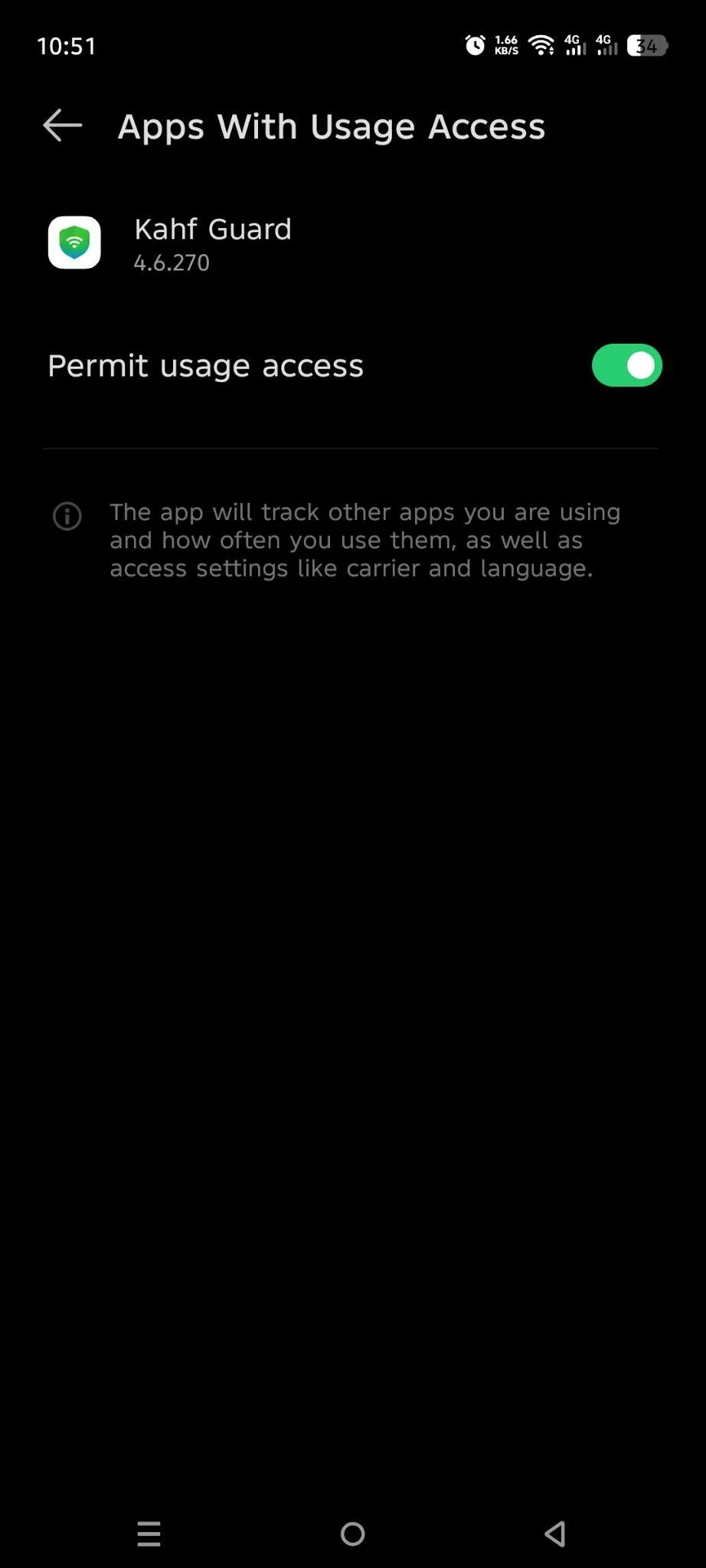 Android Apps with usage access settings showing the Kahf Guard Permit usage access toggle