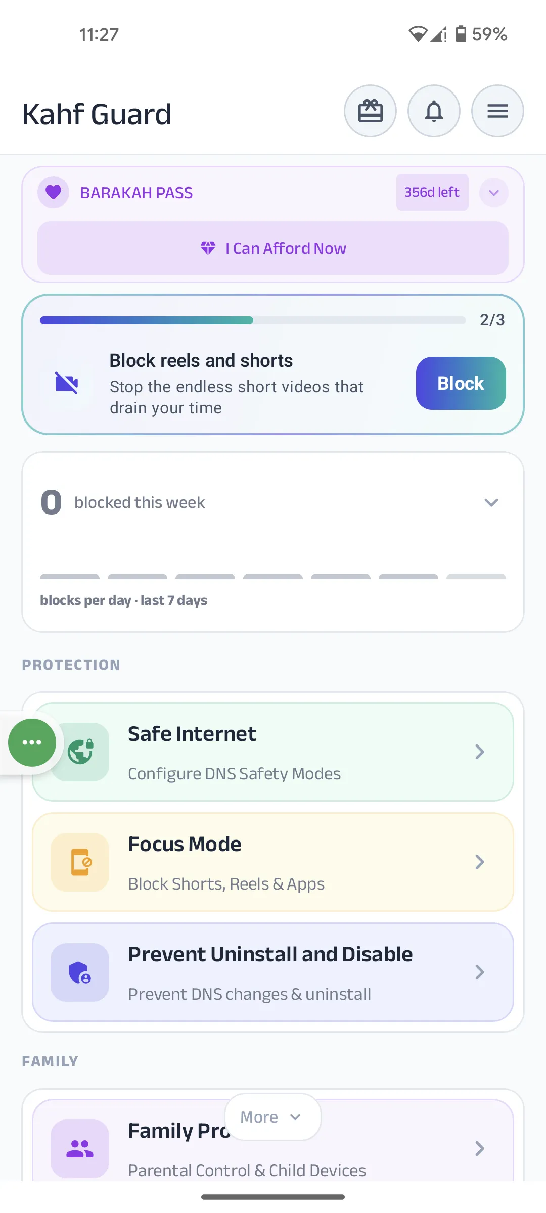 Kahf Guard Android dashboard showing Focus Mode option for Shorts, Reels, and App Block