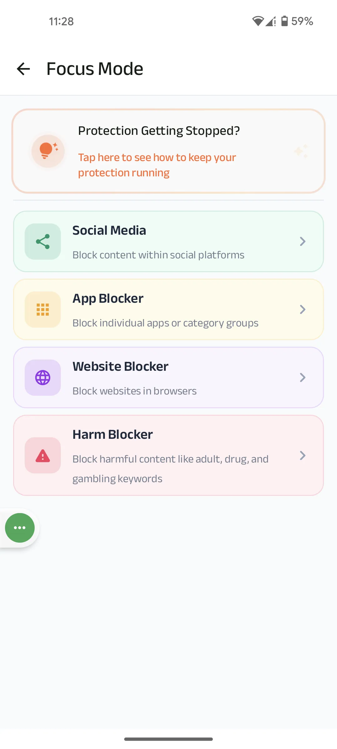 Kahf Guard Focus Mode hub with Social Media, App Blocker, Website Blocker, and Harm Blocker tools