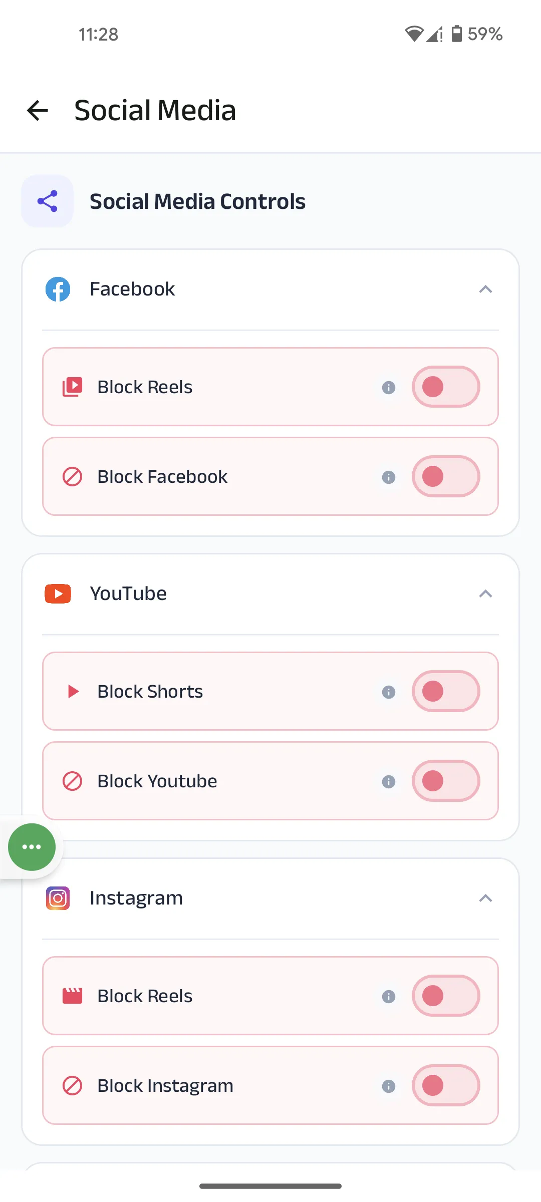 Kahf Guard Social Media Controls with Block Reels and Block Shorts toggles for Facebook, YouTube, and Instagram