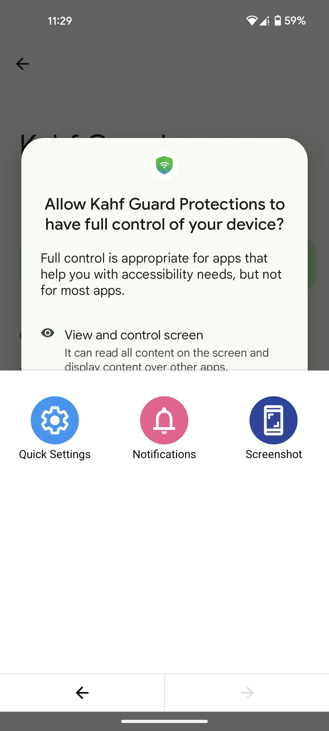 Android system warning — Kahf Guard Protections requesting full screen reading control