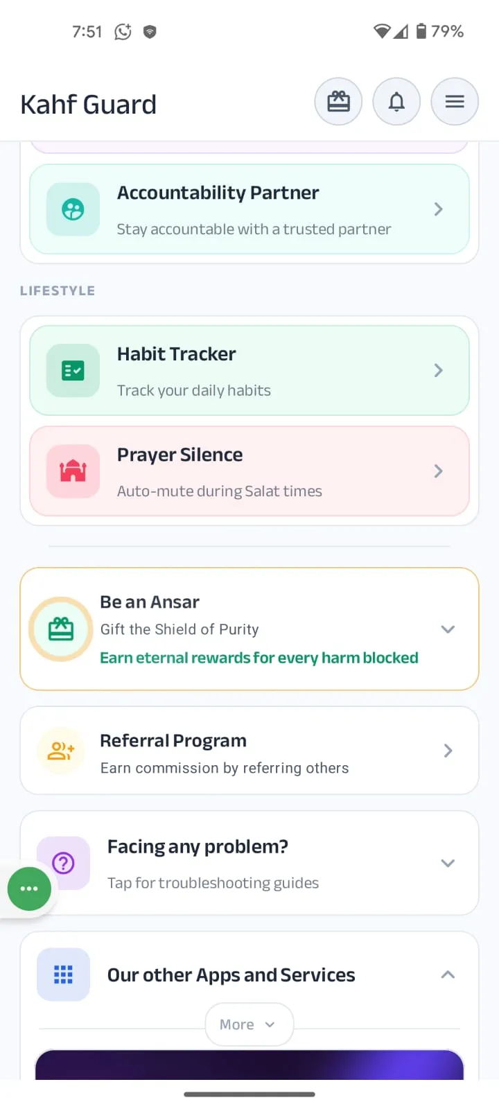 Kahf Guard Prayer Silence dashboard showing toggles for Fajr, Dhuhr, Asr, Maghrib, and Isha prayers