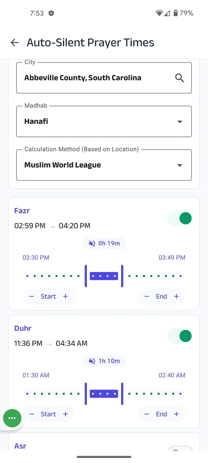 Kahf Guard Prayer Silence screen with Fajr window centered from 4:48 to 5:18, 30-minute silence duration