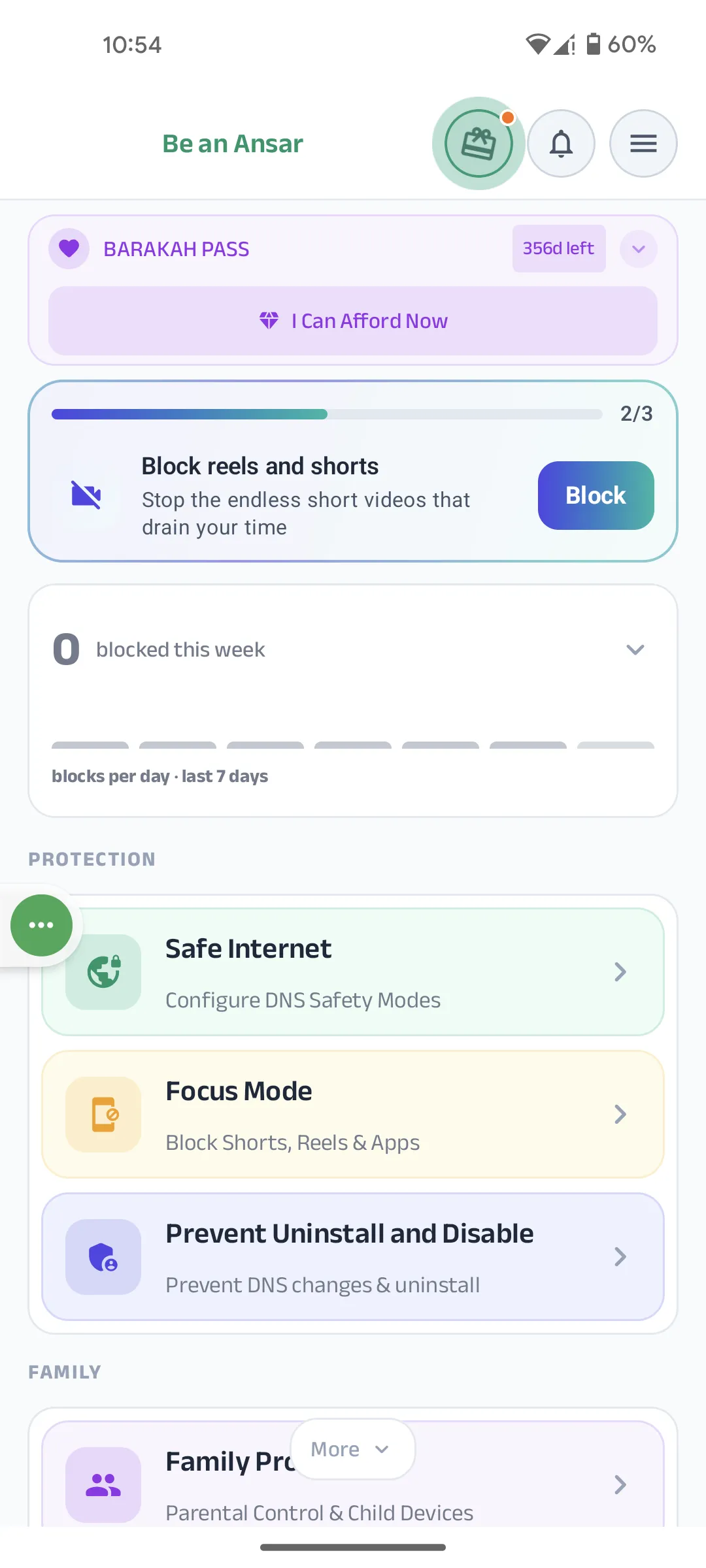 Kahf Guard Android dashboard showing Safe Internet option under Protection