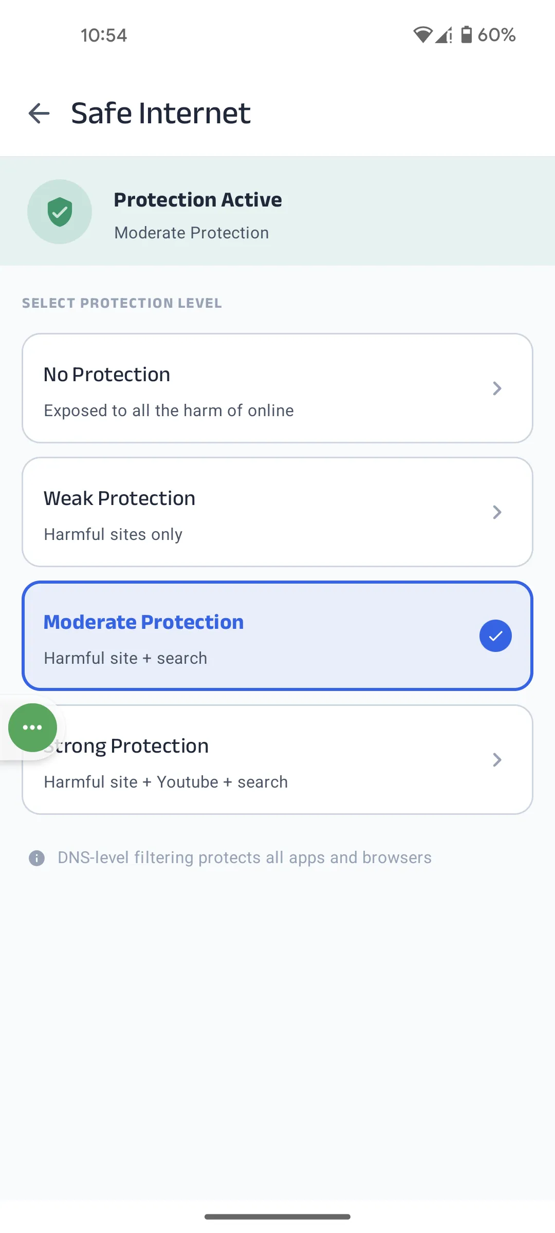 Kahf Guard Safe Internet screen showing No, Weak, Moderate, and Strong DNS protection levels