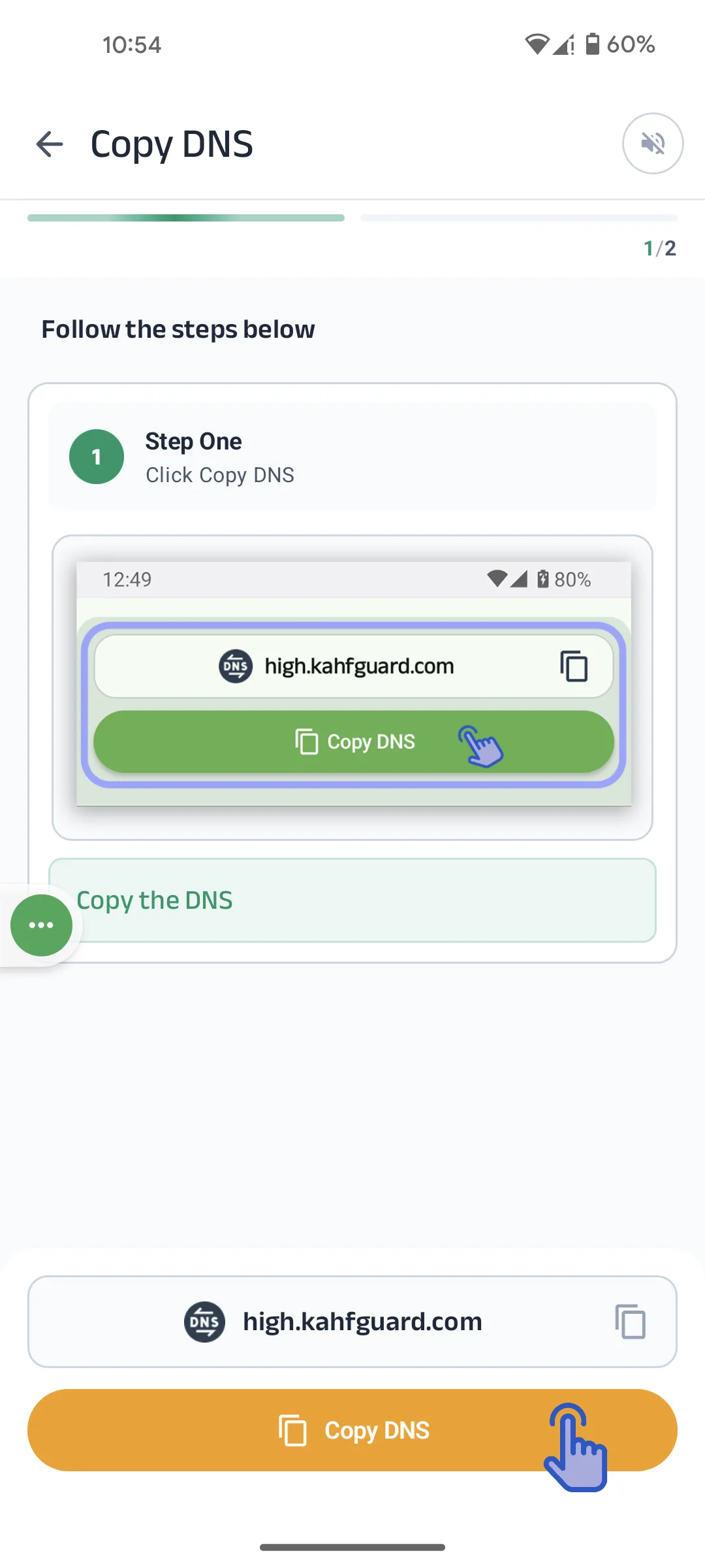 Kahf Guard Copy DNS screen showing high.kahfguard.com hostname and Copy DNS button