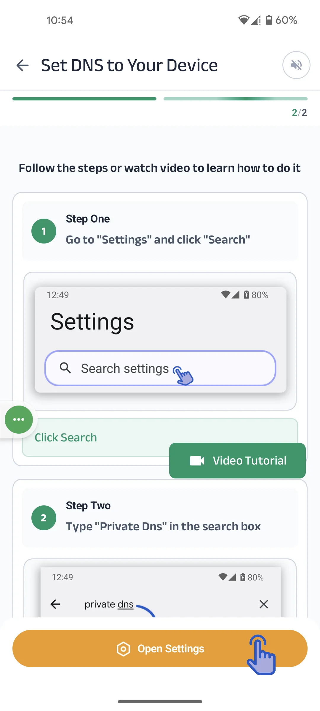 Kahf Guard App opening Android Settings and searching for Private DNS — in-app instructions