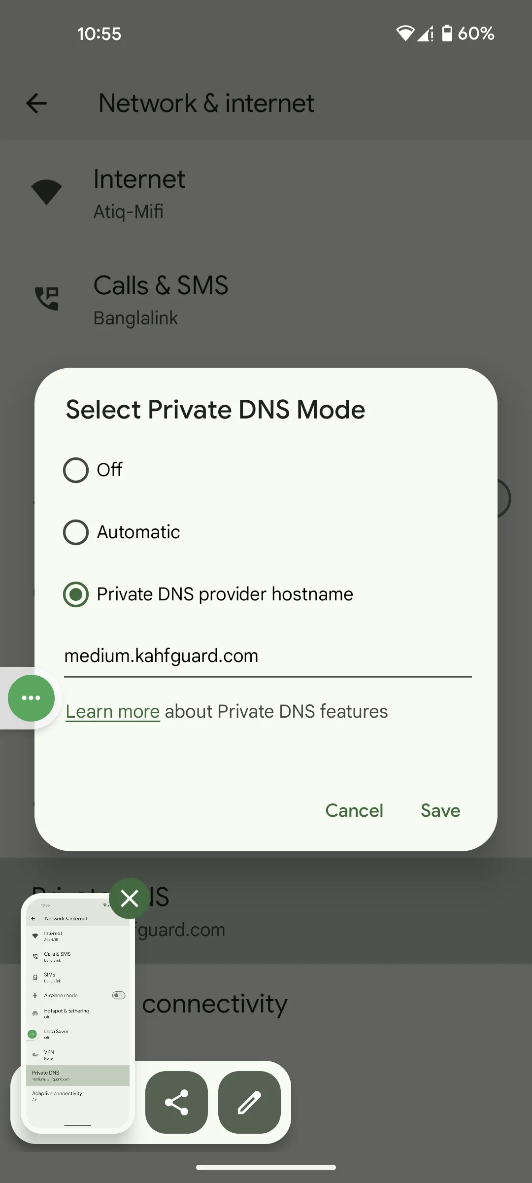 Android Private DNS dialog with Kahf Guard hostname pasted and Save button